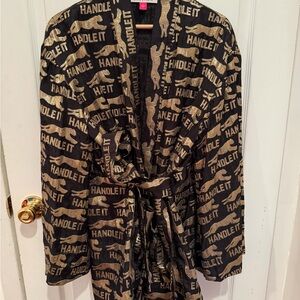 Black Satin Smoking Jacket with Gold 'HANDLE IT' Script